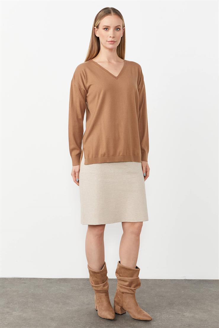 V Yaka Basic Triko Bluz-CAMEL