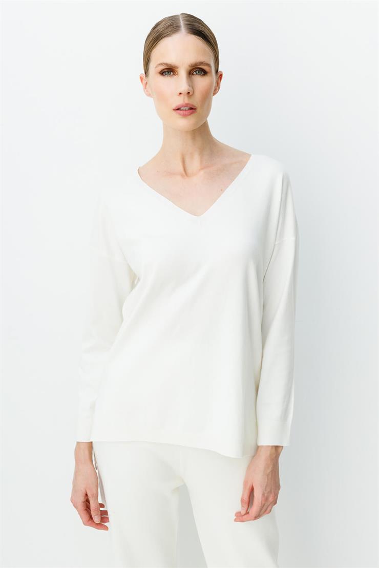 V Yaka Basic Triko Bluz-EKRU