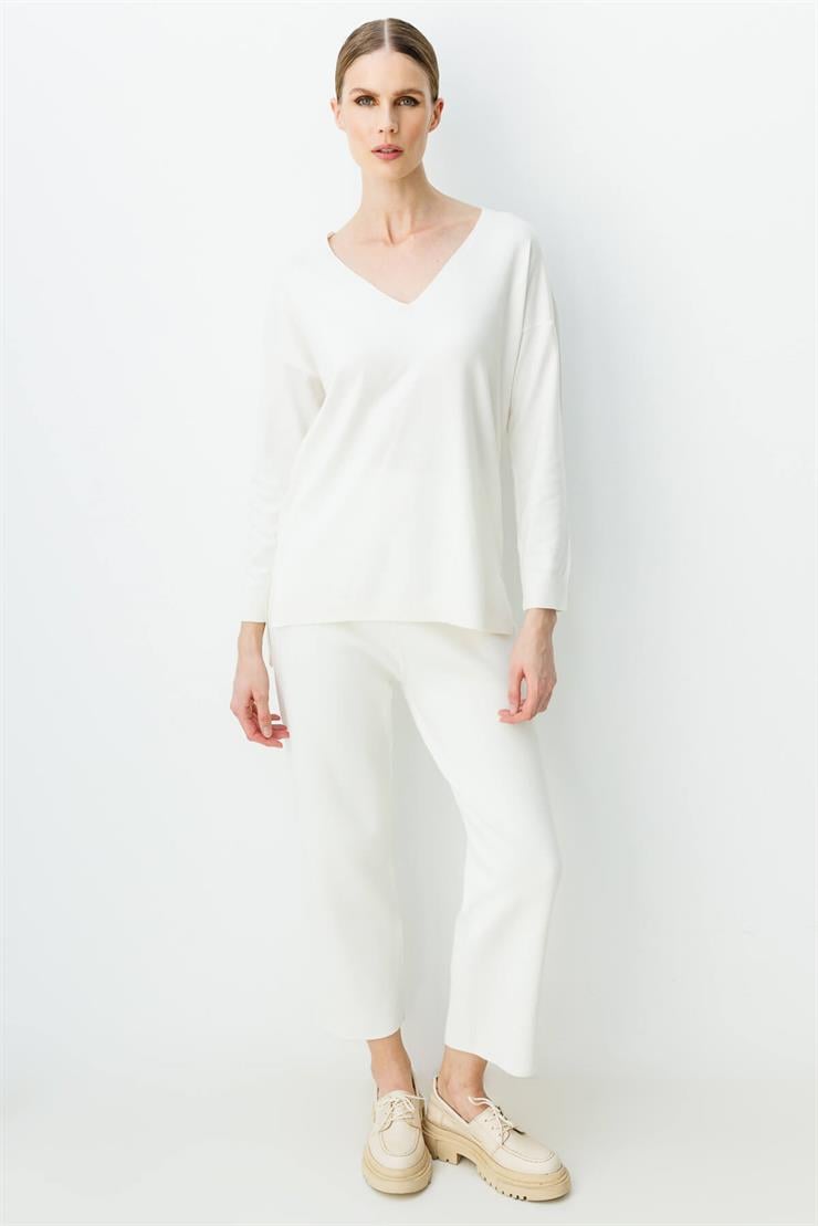 V Yaka Basic Triko Bluz-EKRU