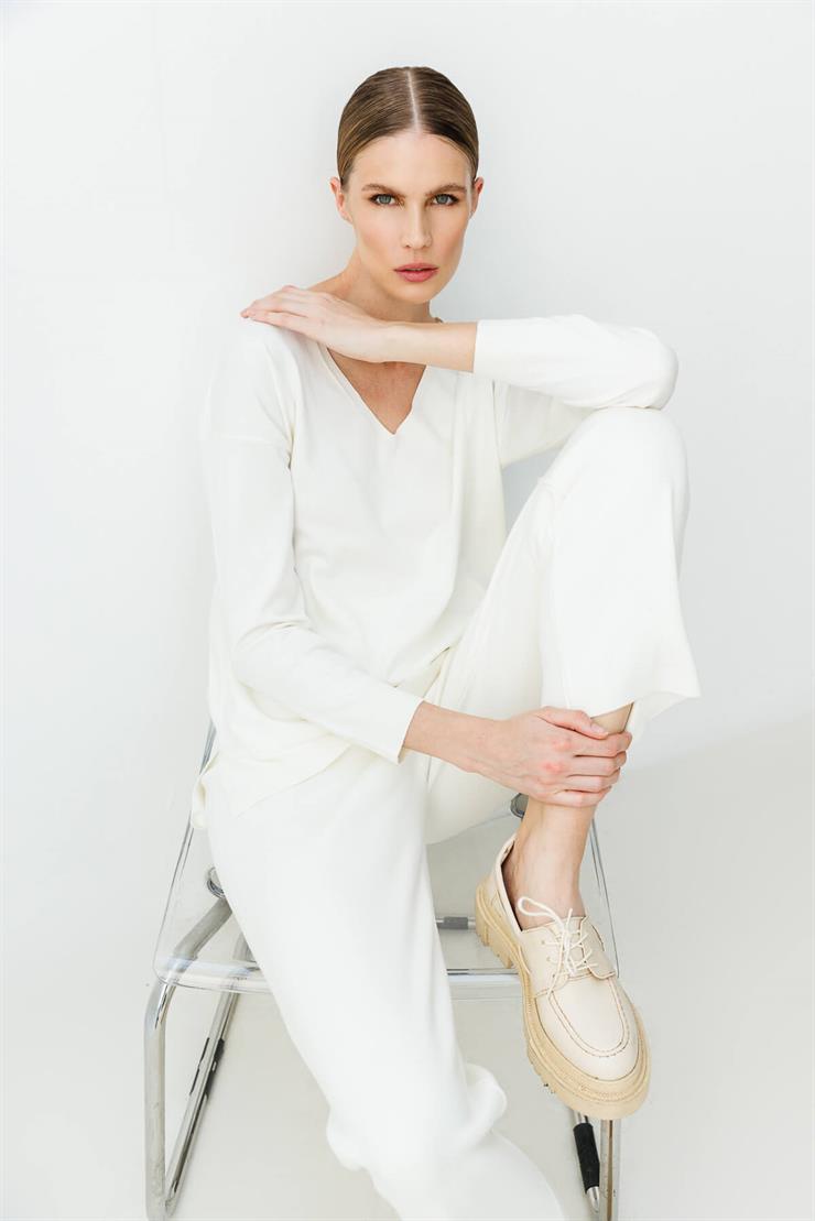 V Yaka Basic Triko Bluz-EKRU