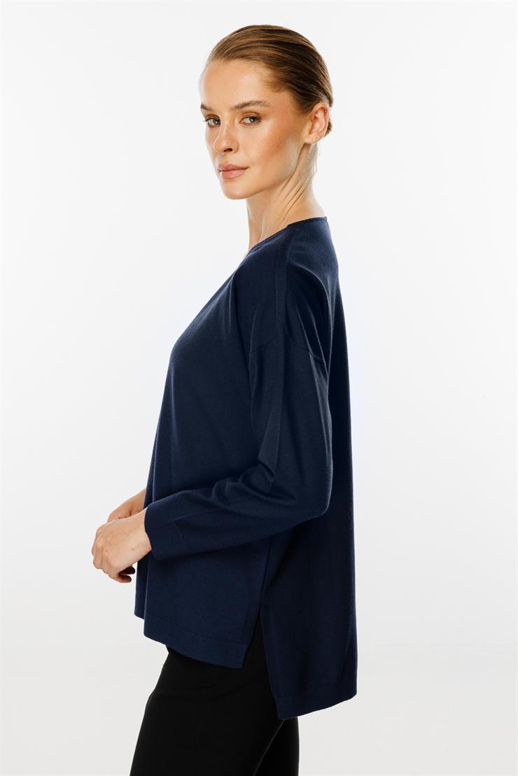 V Yaka Basic Triko Bluz-LACİVERT