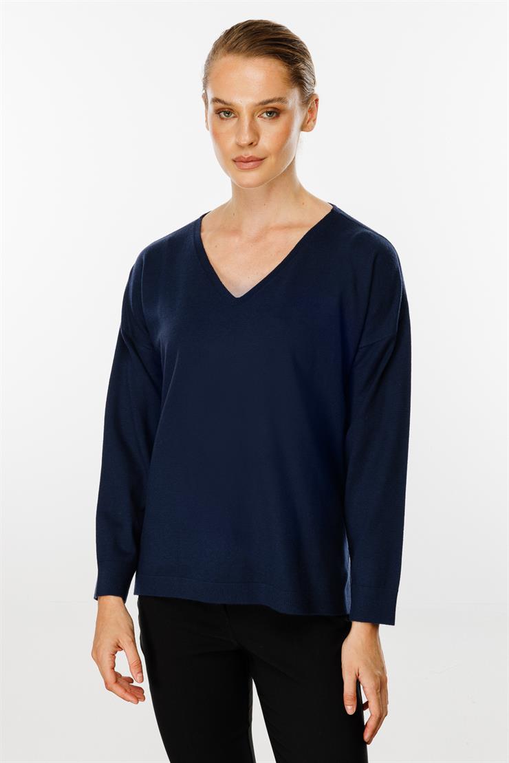 V Yaka Basic Triko Bluz-LACİVERT