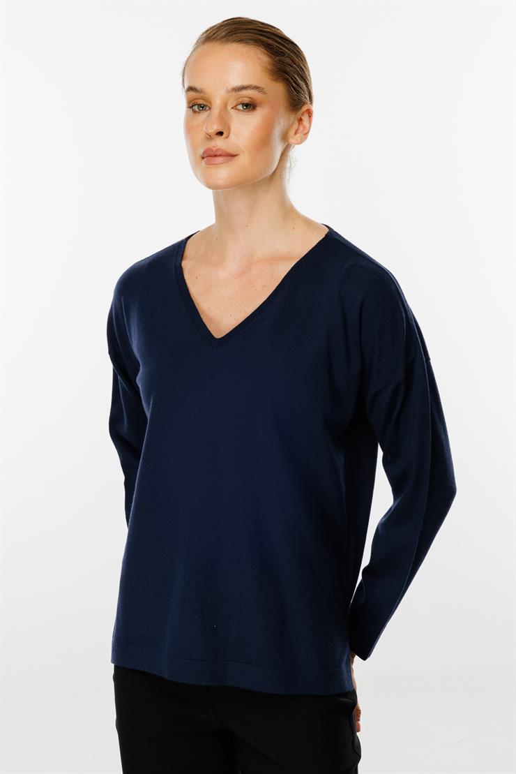 V Yaka Basic Triko Bluz-LACİVERT