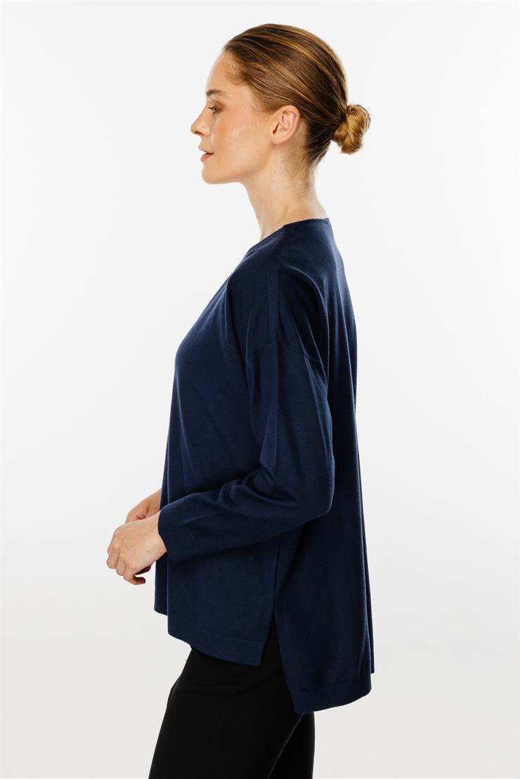 V Yaka Basic Triko Bluz-LACİVERT