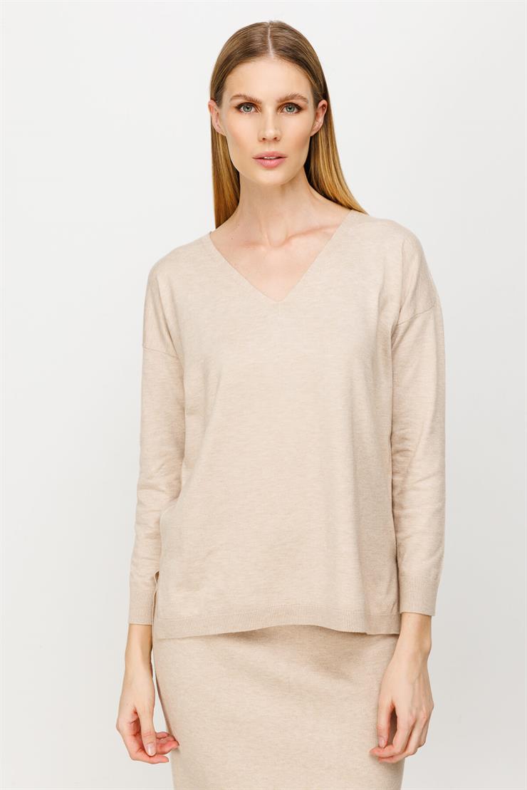 V Yaka Basic Triko Bluz-Taş