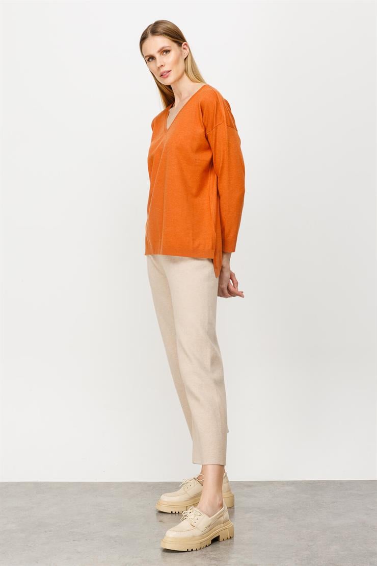 V Yaka Basic Triko Bluz-Turuncu