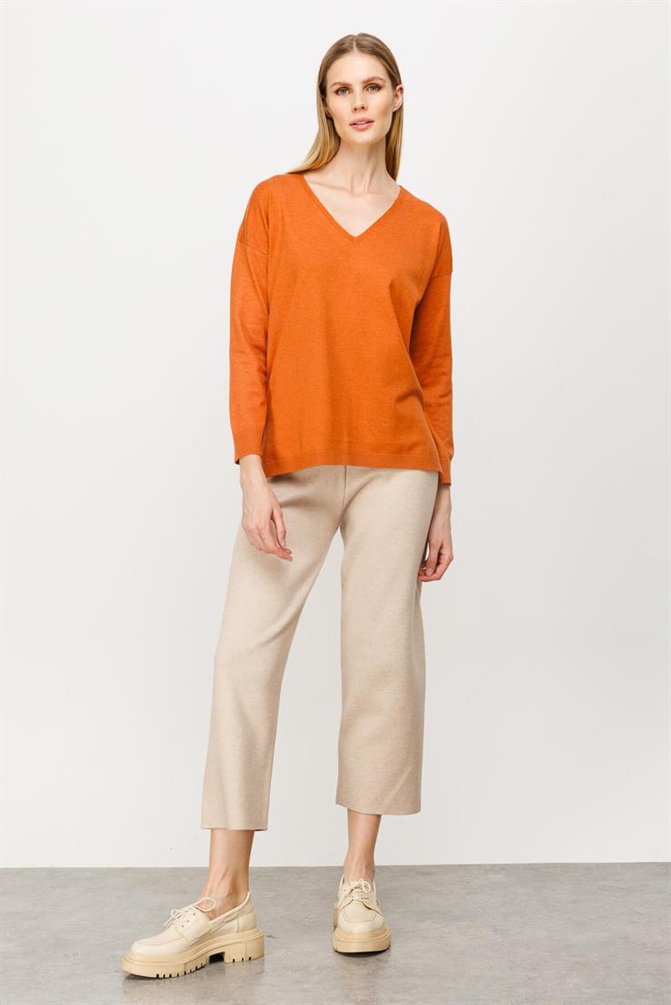 V Yaka Basic Triko Bluz-Turuncu
