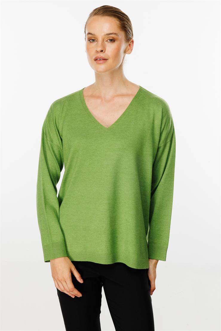 V Yaka Basic Triko Bluz-Yesil