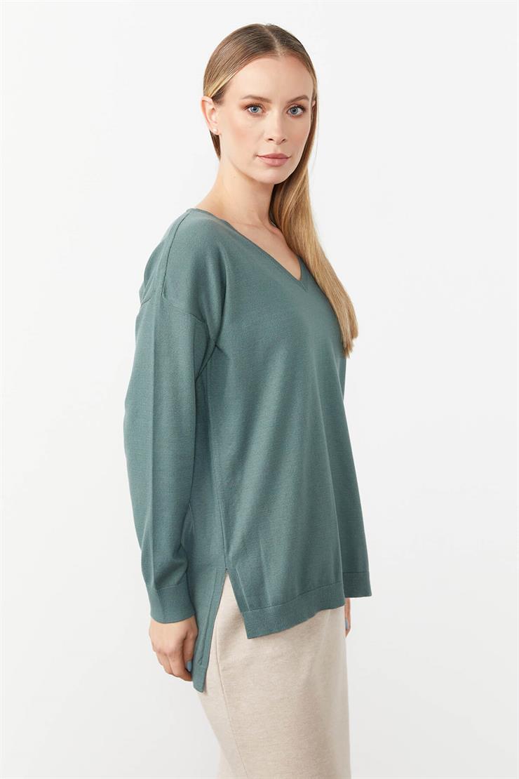 V Yaka Basic Triko Bluz-Yesil