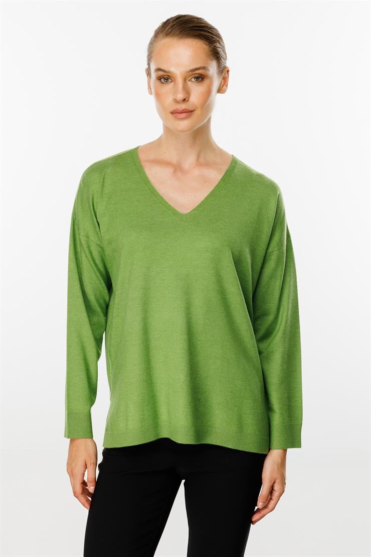 V Yaka Basic Triko Bluz-Yesil