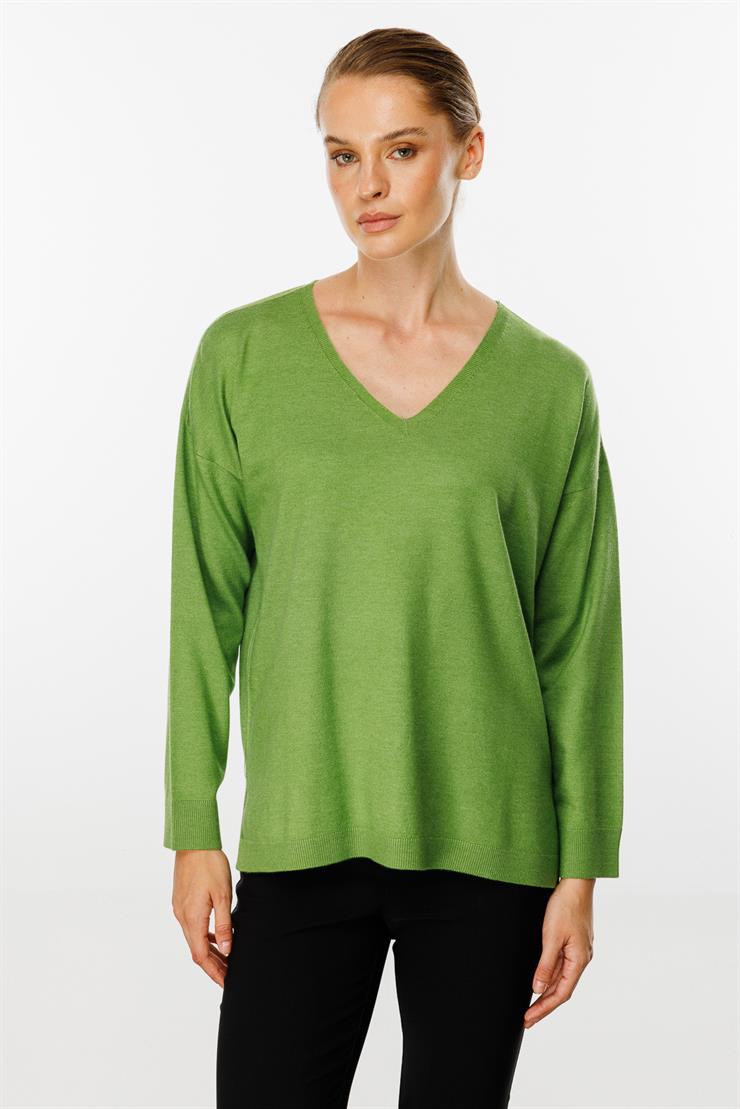 V Yaka Basic Triko Bluz-Yesil