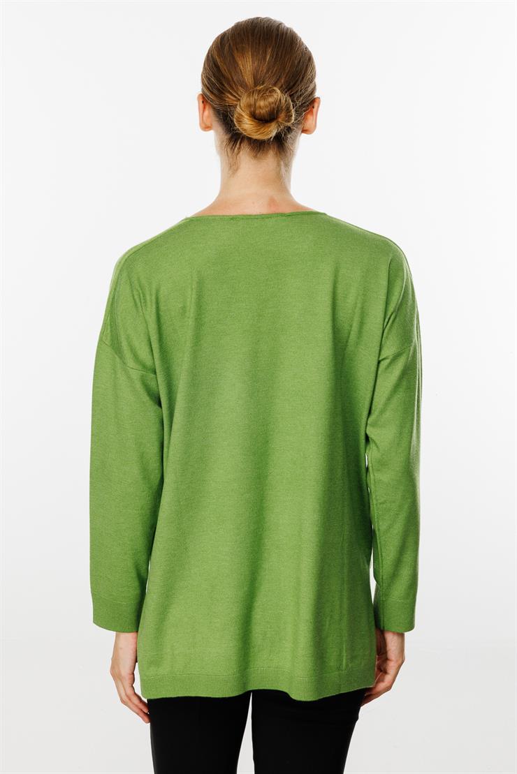 V Yaka Basic Triko Bluz-Yesil