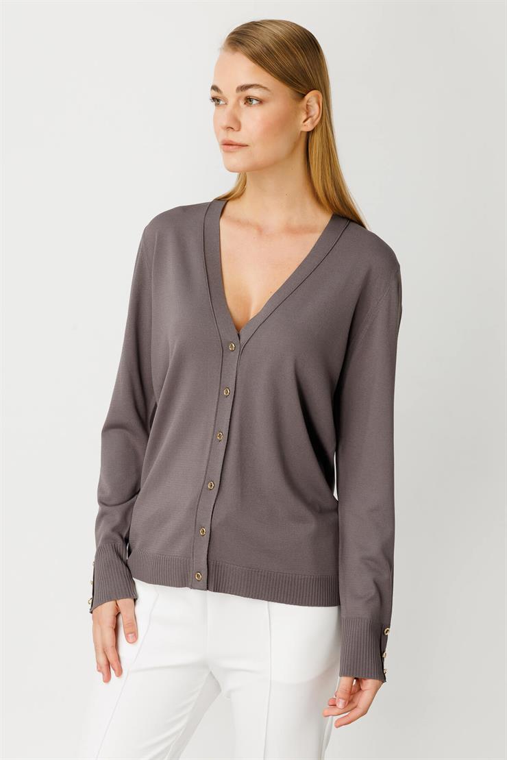 V Yaka Basic Triko Hırka-Fume