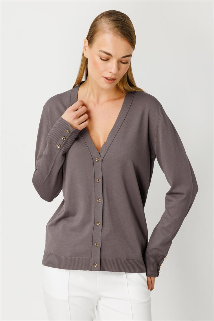 V Yaka Basic Triko Hırka-Fume