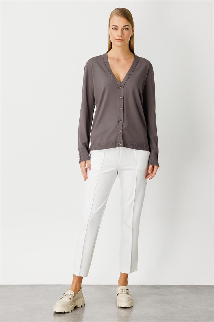 V Yaka Basic Triko Hırka-Fume