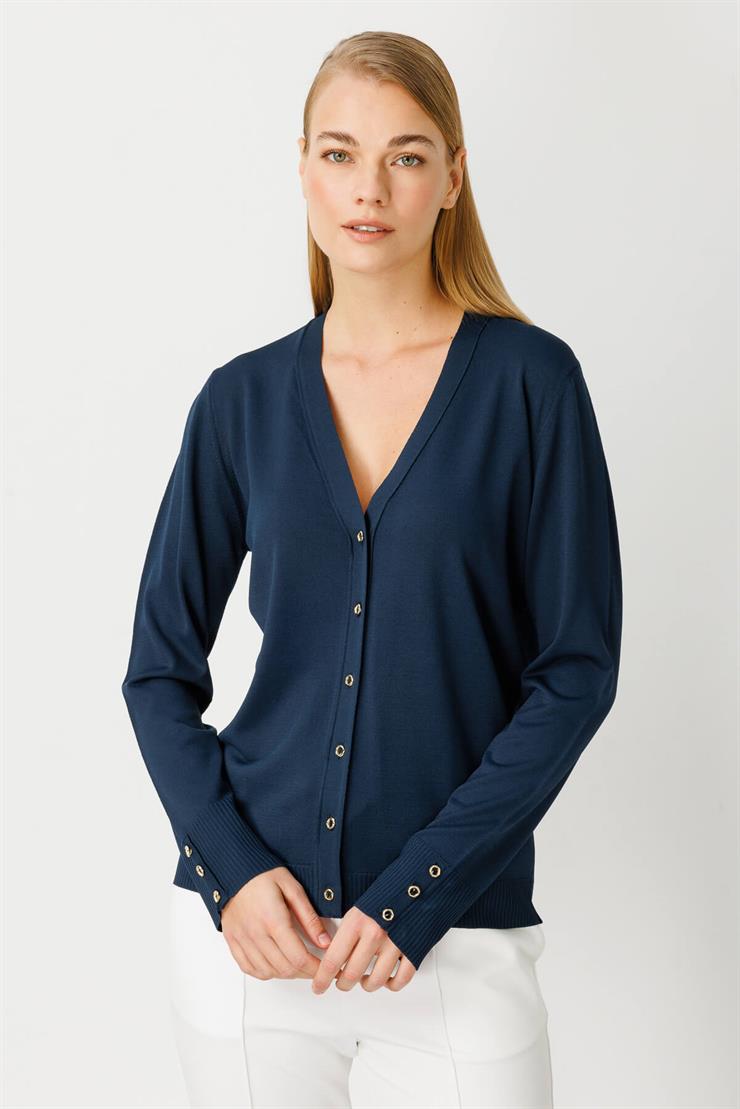 V Yaka Basic Triko Hırka-LACİVERT