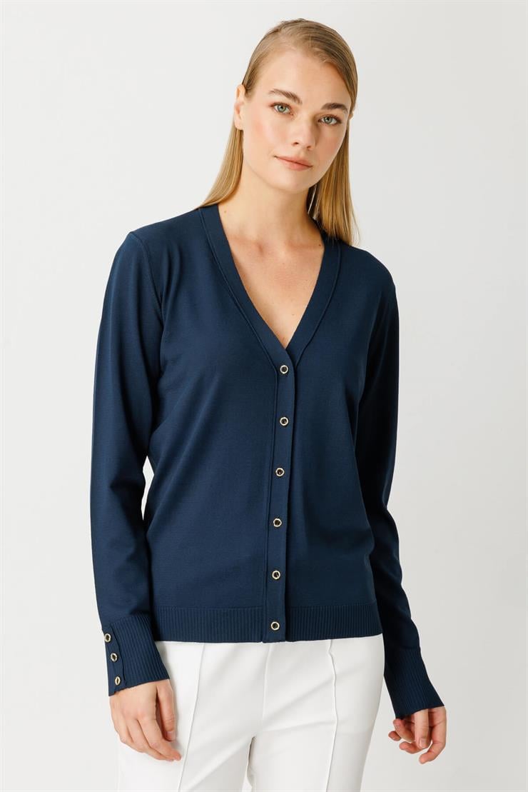 V Yaka Basic Triko Hırka-LACİVERT