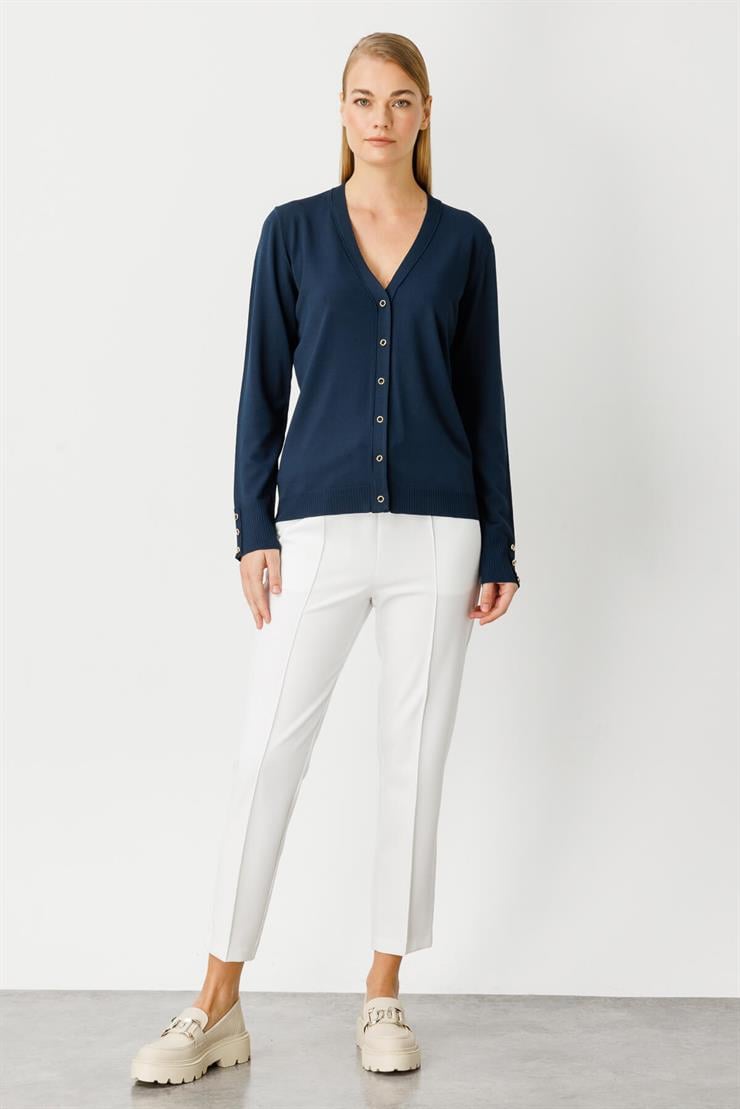 V Yaka Basic Triko Hırka-LACİVERT