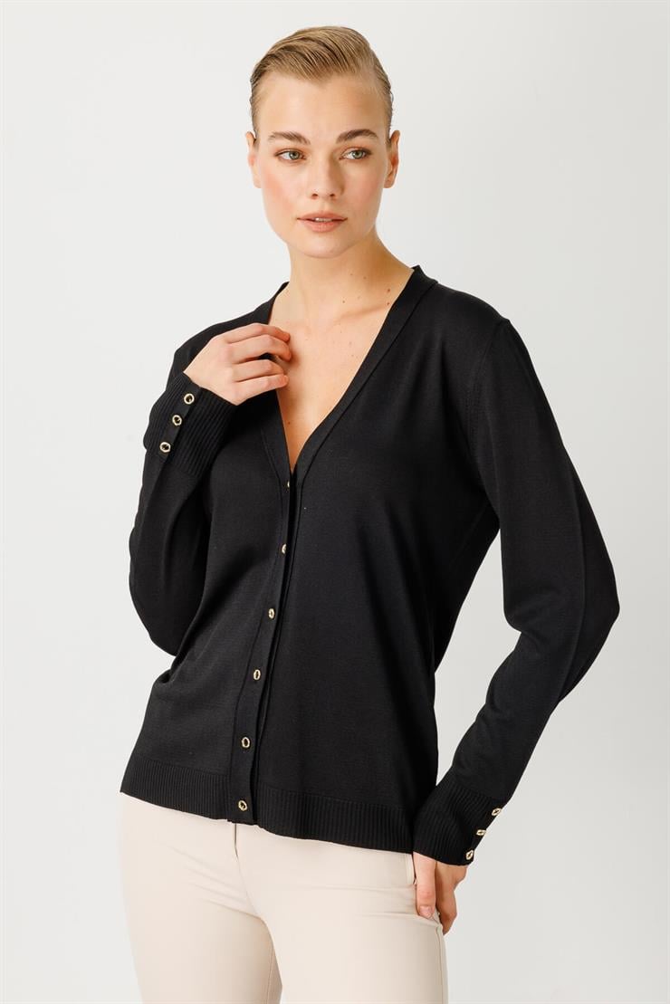 V Yaka Basic Triko Hırka-SİYAH