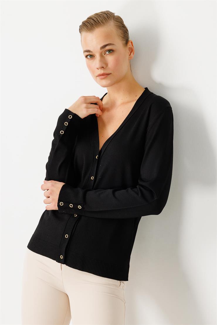 V Yaka Basic Triko Hırka-SİYAH