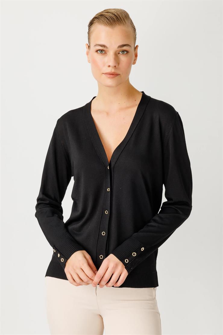 V Yaka Basic Triko Hırka-SİYAH