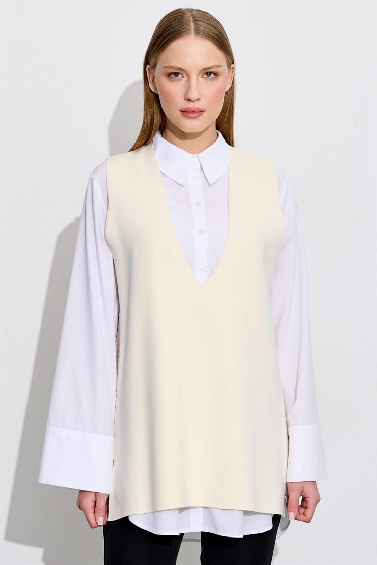 V Yaka Rayon Süveter VANİLLA