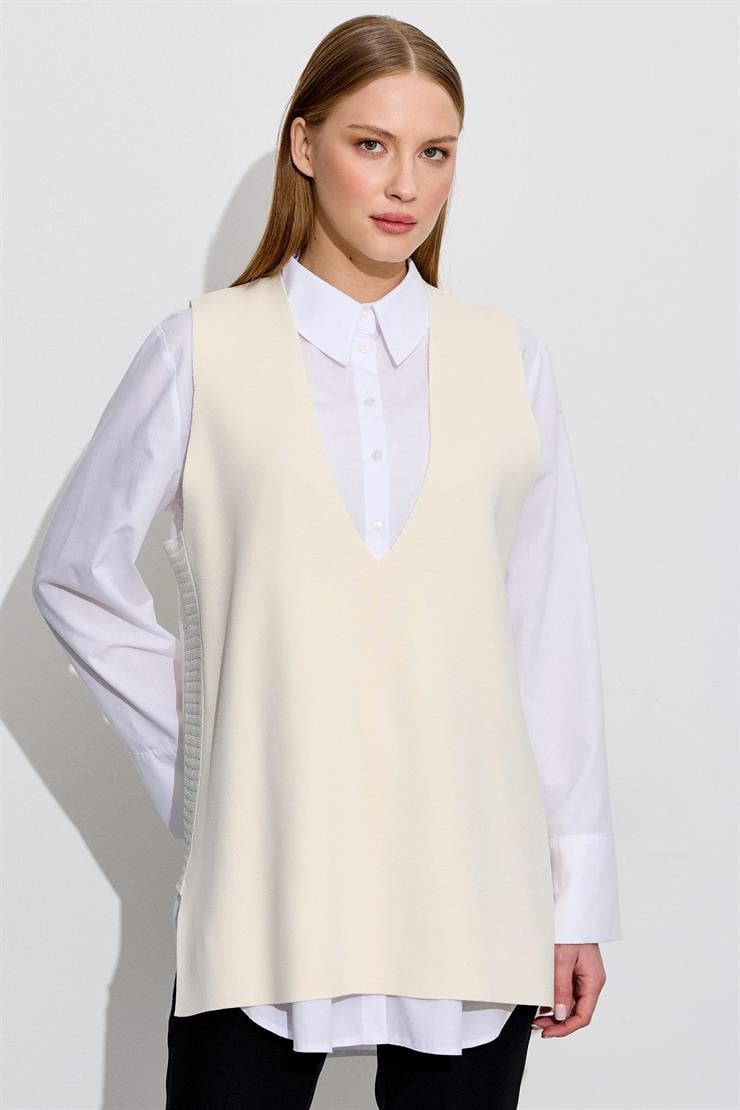 V Yaka Rayon Süveter VANİLLA