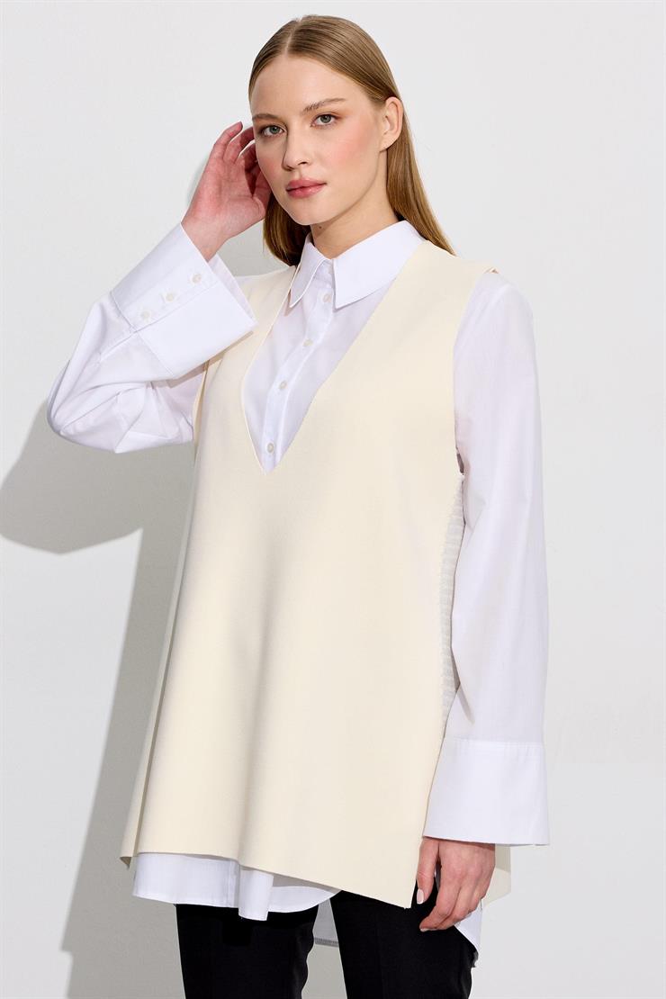 V Yaka Rayon Süveter VANİLLA