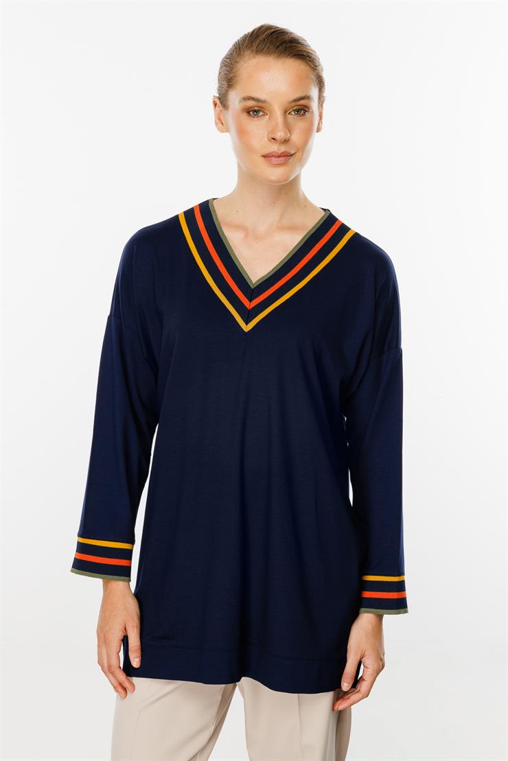 V Yaka Ribanalı Bluz-LACİVERT