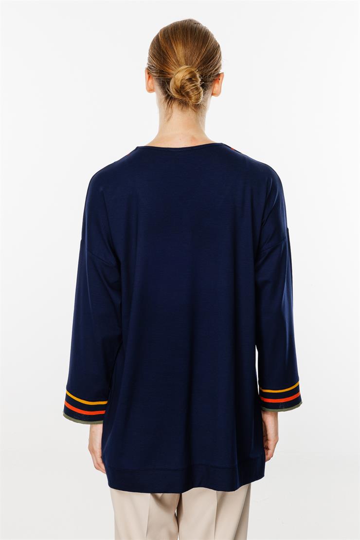 V Yaka Ribanalı Bluz-LACİVERT