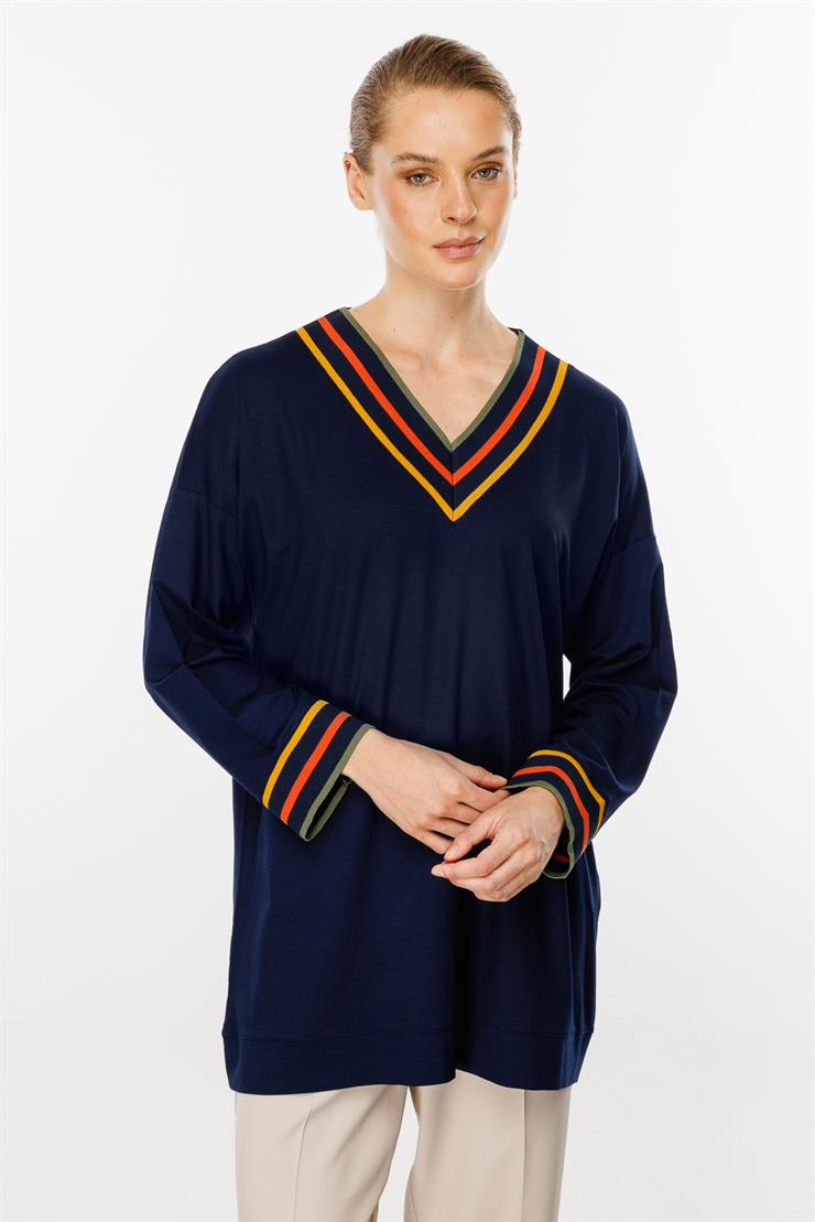 V Yaka Ribanalı Bluz-LACİVERT