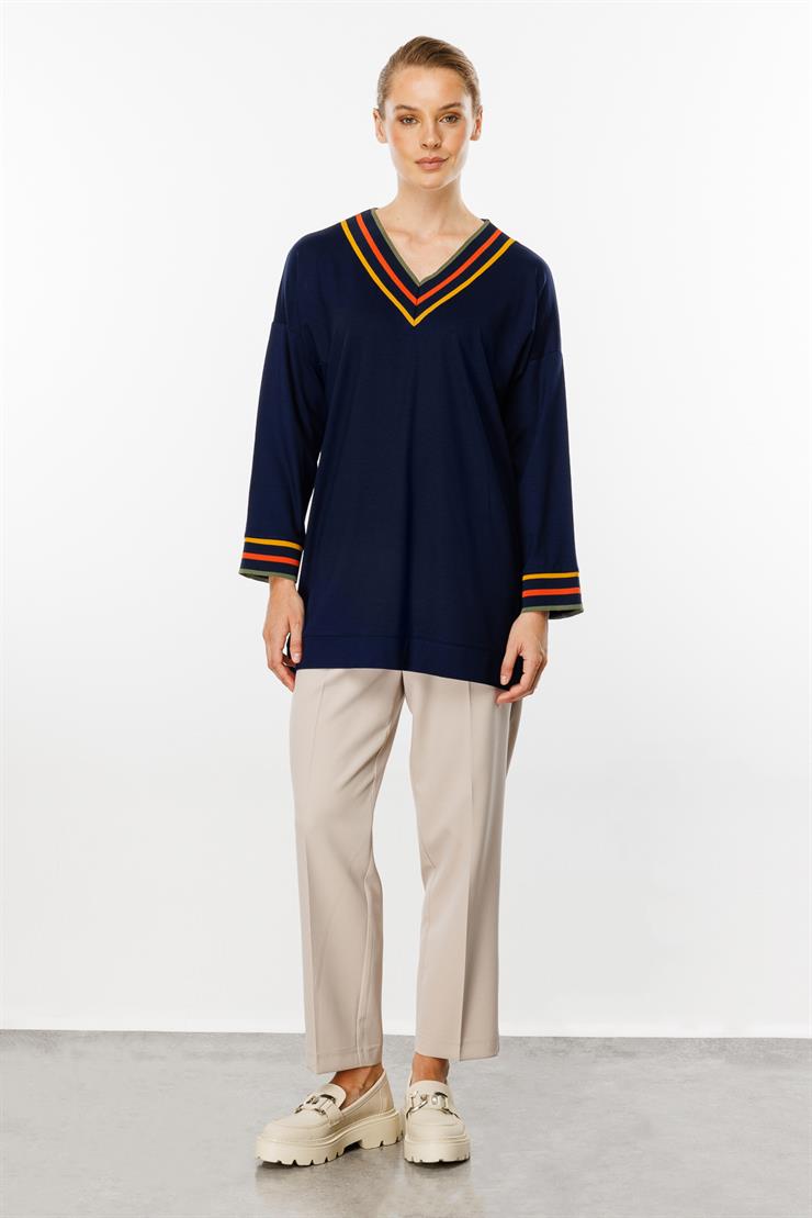 V Yaka Ribanalı Bluz-LACİVERT