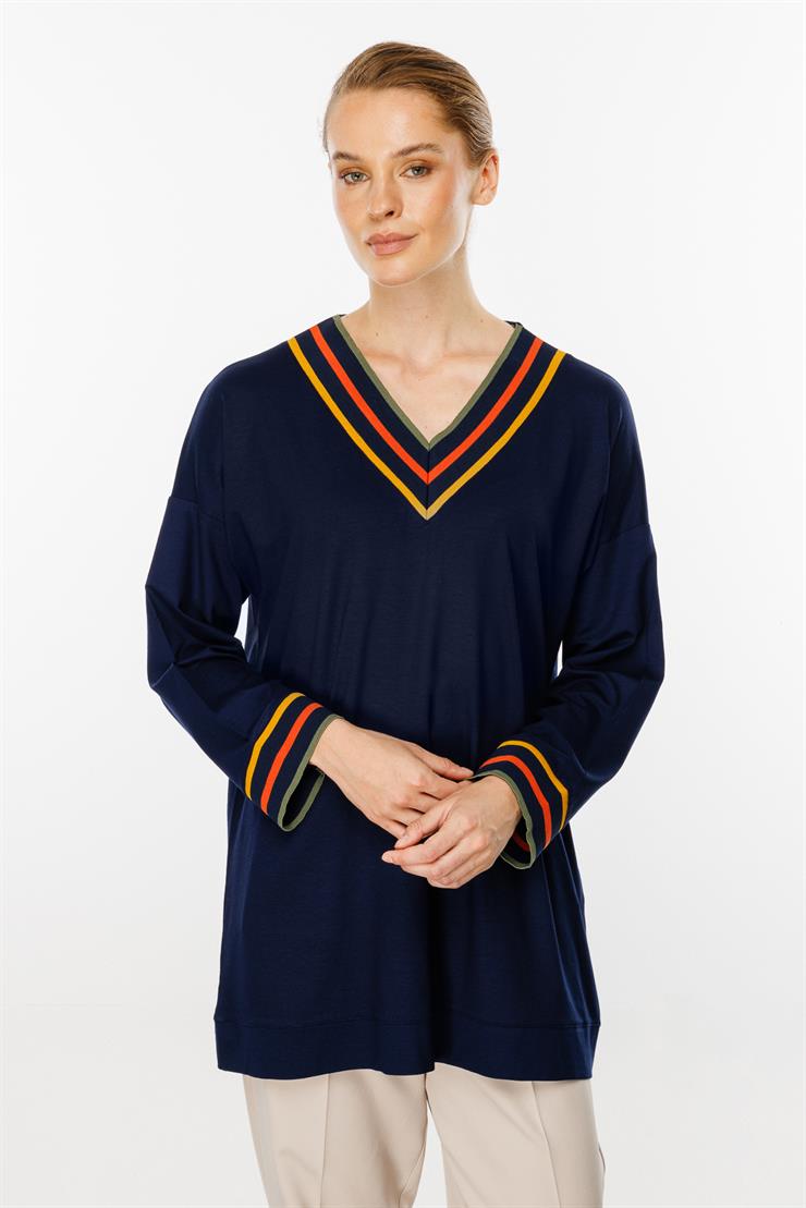 V Yaka Ribanalı Bluz-LACİVERT