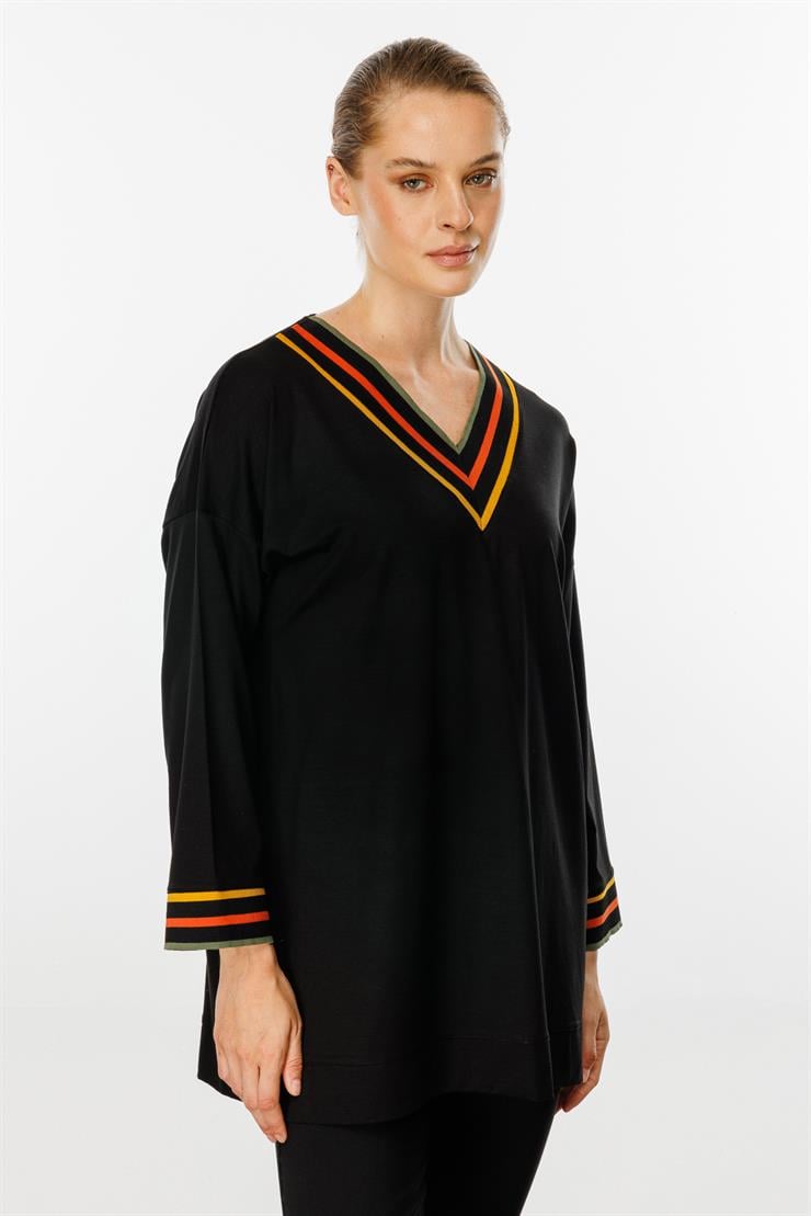 V Yaka Ribanalı Bluz-SİYAH