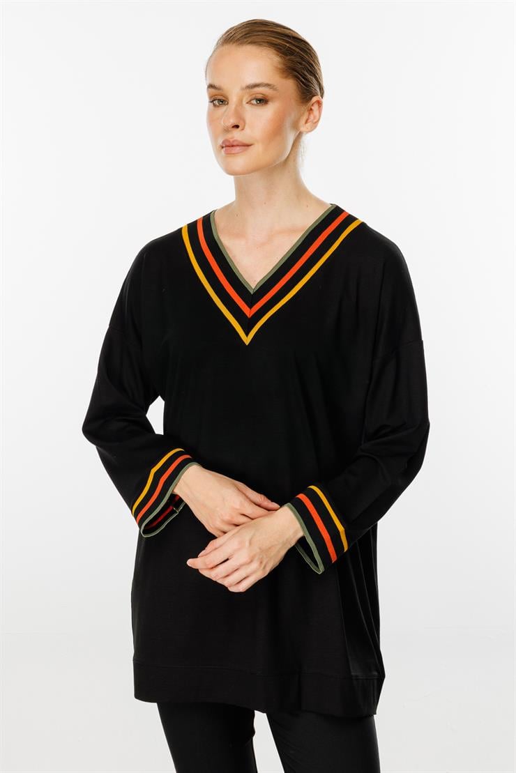 V Yaka Ribanalı Bluz-SİYAH