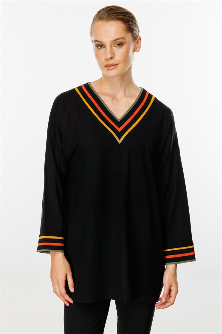 V Yaka Ribanalı Bluz-SİYAH