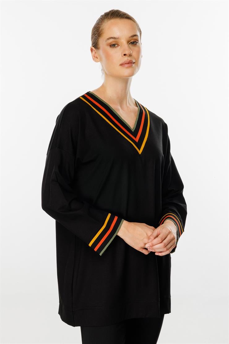 V Yaka Ribanalı Bluz-SİYAH