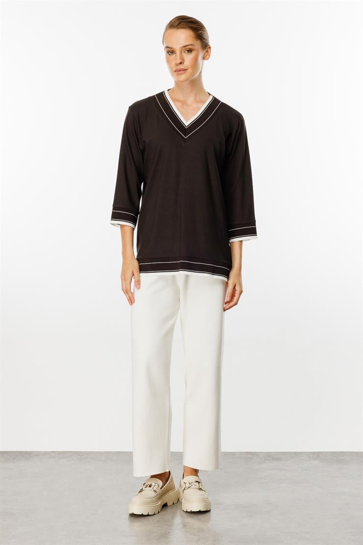 V Yaka Ribanalı Örme Bluz-Kahve
