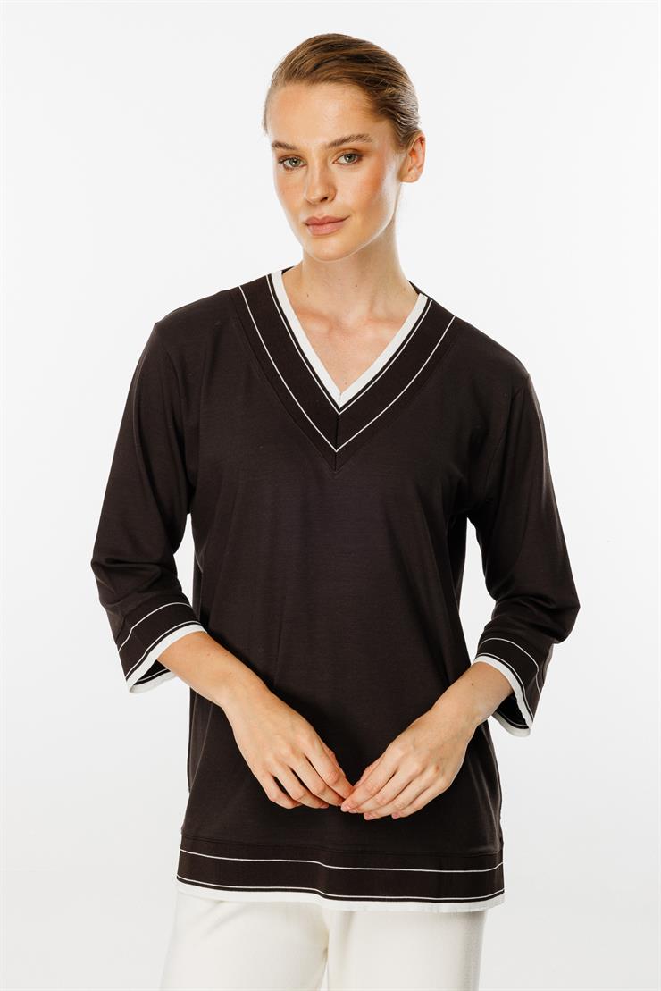 V Yaka Ribanalı Örme Bluz-Kahve