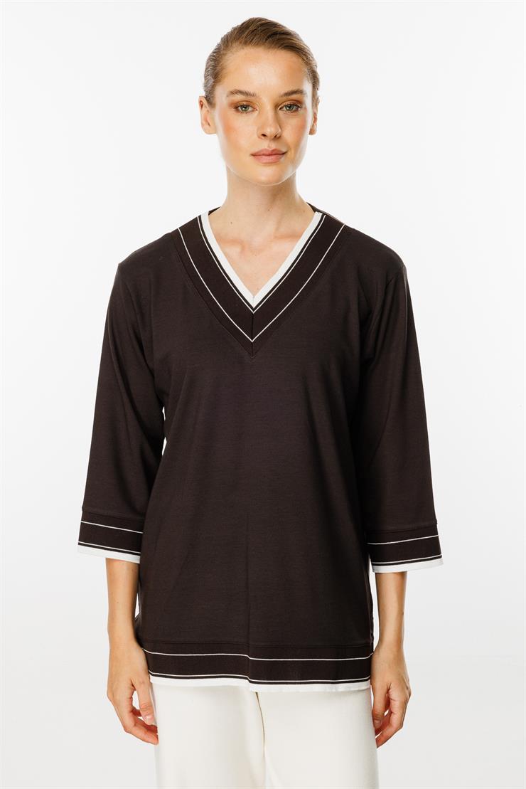 V Yaka Ribanalı Örme Bluz-Kahve