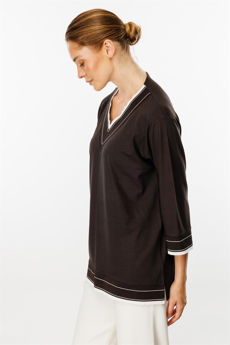 V Yaka Ribanalı Örme Bluz-Kahve