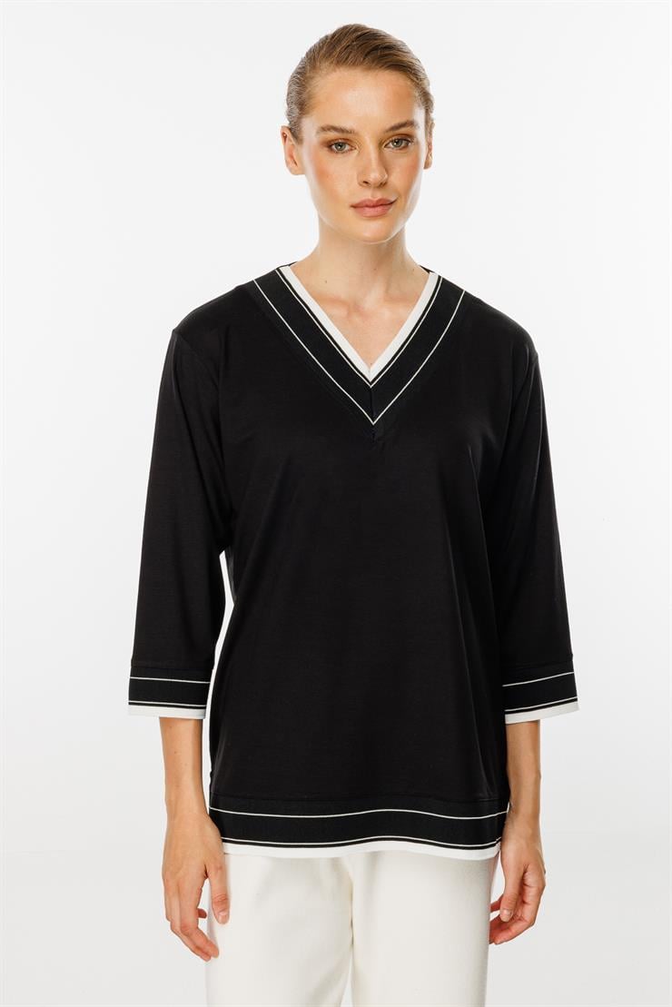 V Yaka Ribanalı Örme Bluz-SİYAH