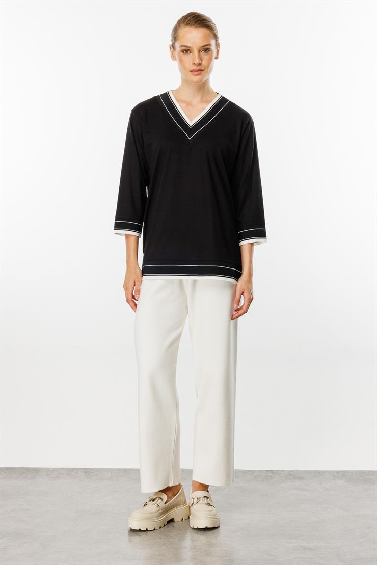 V Yaka Ribanalı Örme Bluz-SİYAH