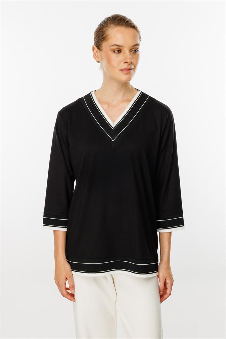 V Yaka Ribanalı Örme Bluz-SİYAH