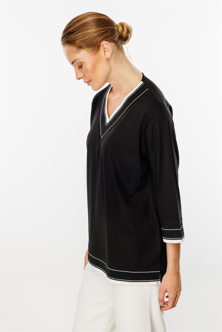 V Yaka Ribanalı Örme Bluz-SİYAH