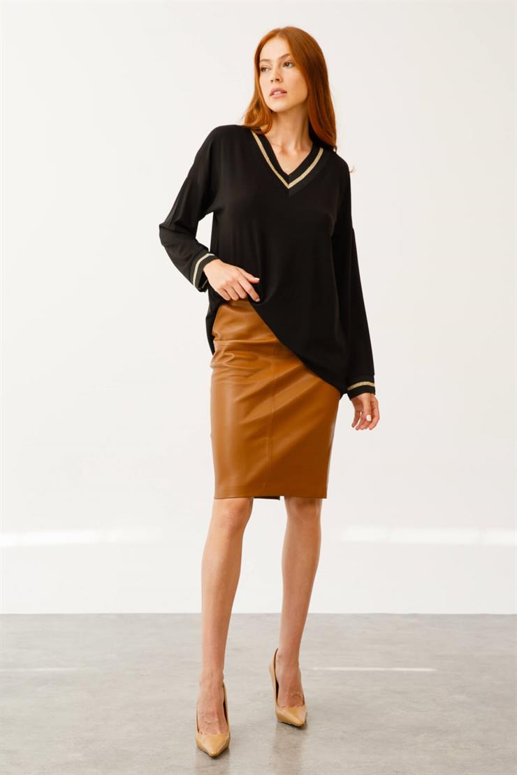 V Yaka Simli Ribanalı Bluz-Siyah-Gold