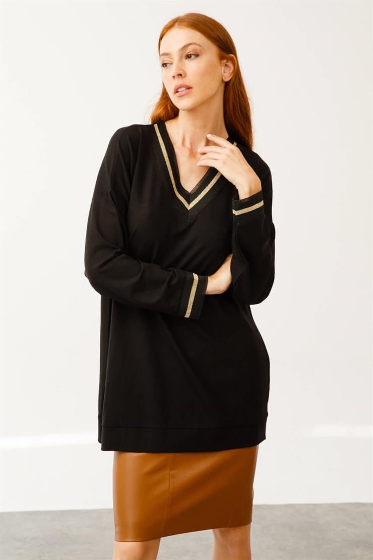 V Yaka Simli Ribanalı Bluz-Siyah-Gold