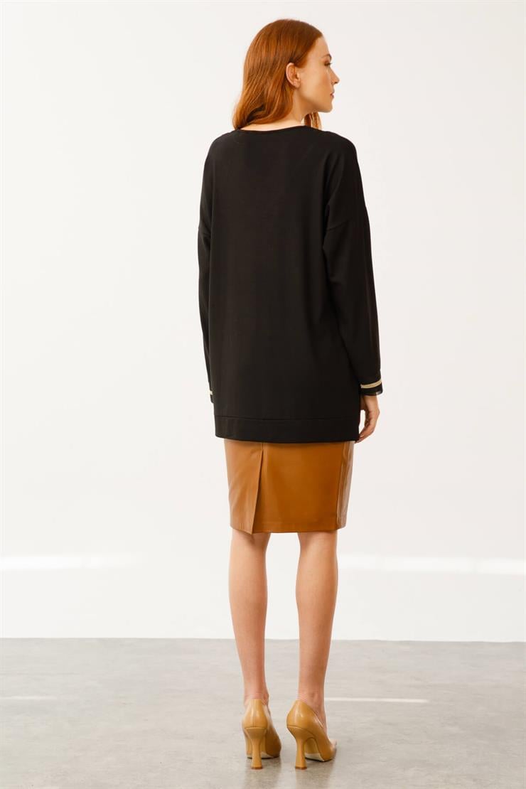 V Yaka Simli Ribanalı Bluz-Siyah-Gold