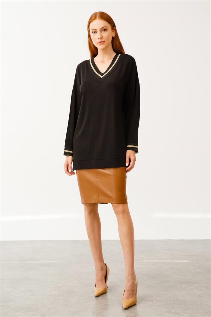 V Yaka Simli Ribanalı Bluz-Siyah-Gold