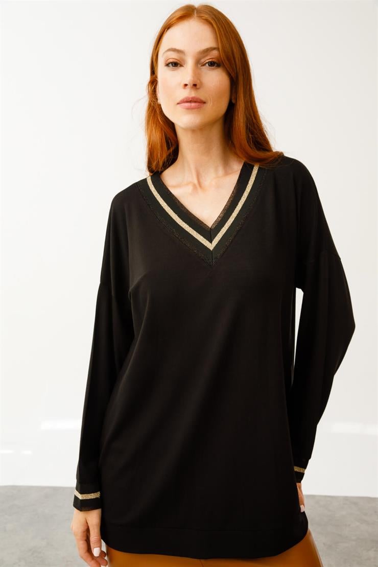 V Yaka Simli Ribanalı Bluz-Siyah-Gold